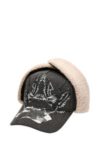 Black denim cap with beige fleece ear flaps, featuring a graphic print of eagles and the year "1971" prominently displayed on the front.