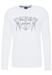 Sudadera blanca de mezcla de algodón, con un estampado gráfico de dos figuras y un logotipo en azul marino en el centro. Diseño de cuello redondo.