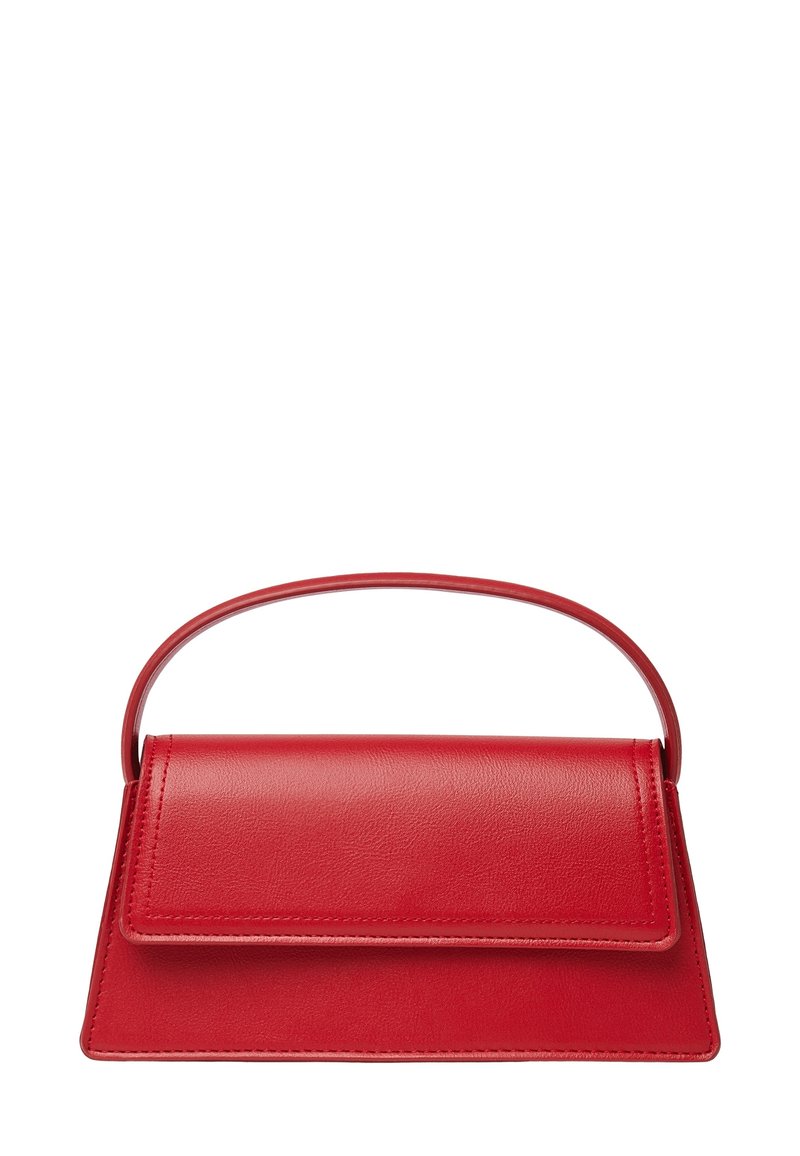 Sac à main en cuir rouge avec un design structuré, doté d'une poignée supérieure, d'une texture lisse et d'un système de fermeture à rabat. Forme simple et moderne.