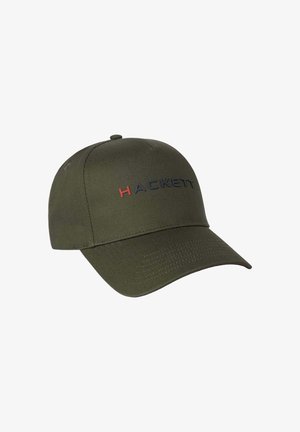 Olivgrüner Baseball-Schirmmütze mit gebogenem Schirm; verfügt über ein 3D-Logo in Rot und Marineblau; aus strapazierfähigem Stoff mit glatter Textur.