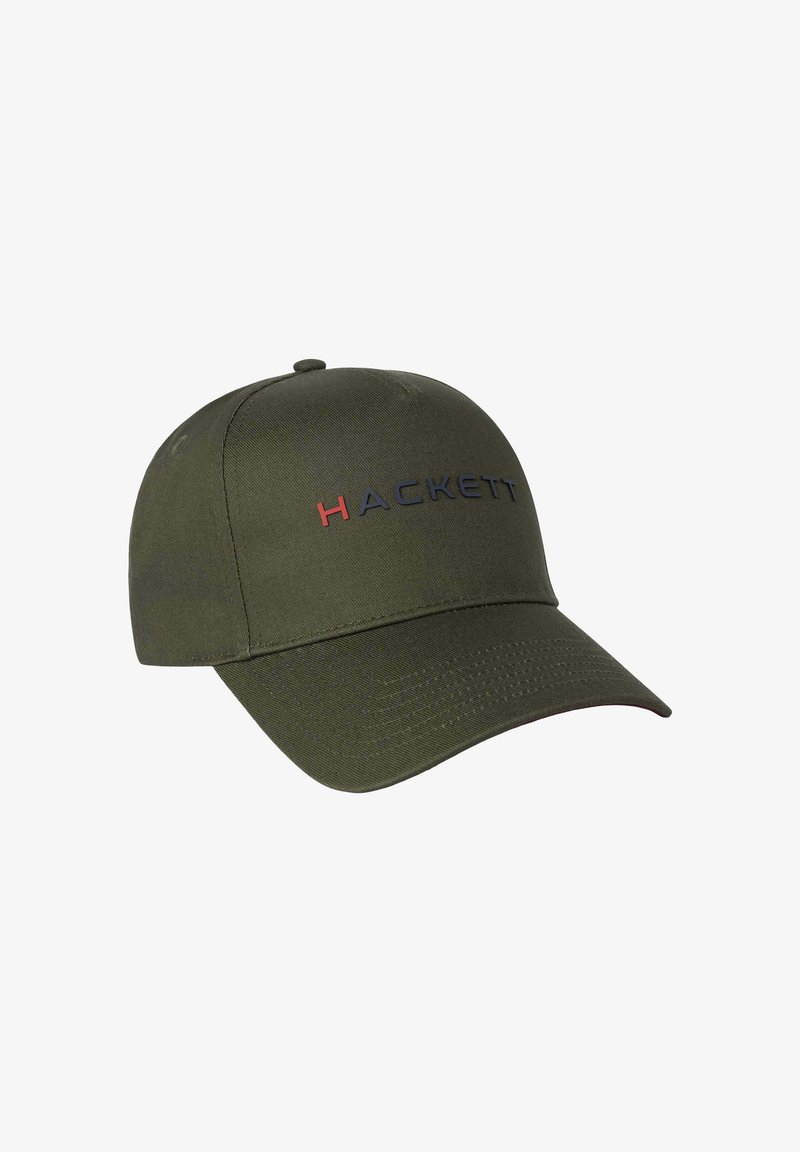 Olivgrüner Baseball-Schirmmütze mit gebogenem Schirm; verfügt über ein 3D-Logo in Rot und Marineblau; aus strapazierfähigem Stoff mit glatter Textur.