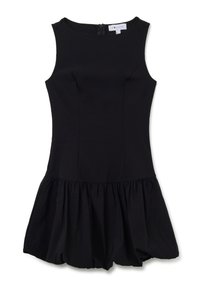 Vestido negro sin mangas con cuerpo ajustado y falda burbuja fruncida, escote redondo y cierre de cremallera en la espalda.