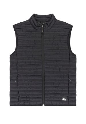 Gilet senza maniche trapuntato nero con zip frontale e tasche laterali con zip, con un piccolo logo ricamato in basso a destra.