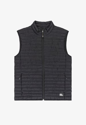 Black quilted sleeveless vest with front zipper and zippered side pockets, featuring a small logo patch at the bottom right.