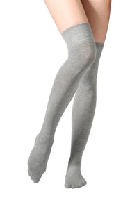 Gray knee-high socks made of a smooth knit fabric, featuring a fitted design with a ribbed cuff at the top and a seamless foot.