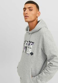 Sudadera gris hecha de tela suave, con un bolsillo frontal, capucha ajustable con cordón y un estampado gráfico colorido en el pecho.