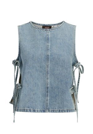 Veste sans manches en denim bleu clair avec un col rond et des liens sur les deux côtés pour un ajustement réglable.