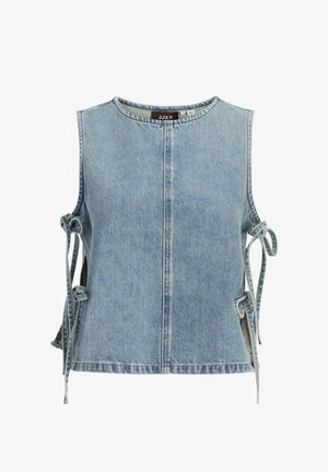 Veste sans manches en denim bleu clair avec un col rond et des liens sur les deux côtés pour un ajustement réglable.