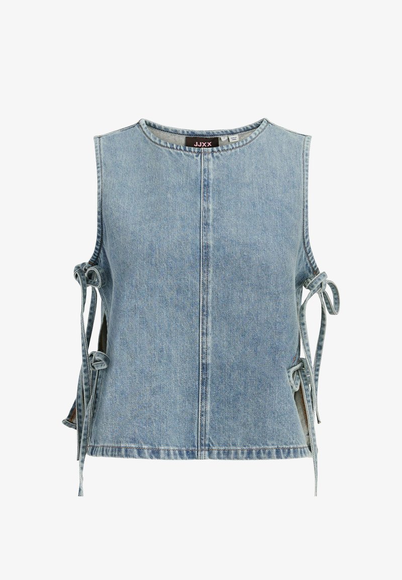 Ärmellose hellblaue Jeansweste mit rundem Ausschnitt und seitlichen Bändern auf beiden Seiten für eine verstellbare Passform.