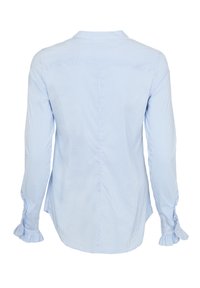 Long-sleeve shirt in light blue with white stripes. Features ruffled sleeves and a pointed collar. Made from woven fabric, smooth texture.