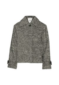 Zwart-wit houndstooth-patroon jack met een kraag, sluiting aan de voorkant met knopen en opgerolde manchetten. Zachte textuur.