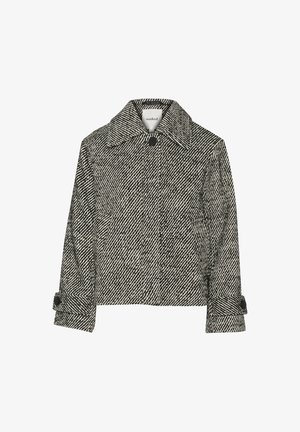 Jachetă cu model houndstooth în alb și negru, cu guler, închidere cu nasturi în față și detalii cu manșete suflecate. Textură moale.