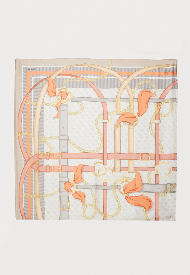 Silk scarf featuring a pattern of intertwined straps and chains in orange, gray, and gold on a cream background with subtle branding.