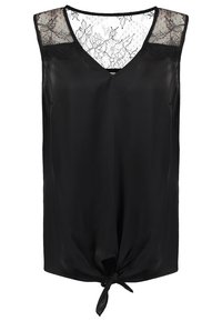 Blouse noire sans manches avec col en V, empiècement en dentelle sur le plastron et les épaules, détail nœud noué à l'ourlet avant.