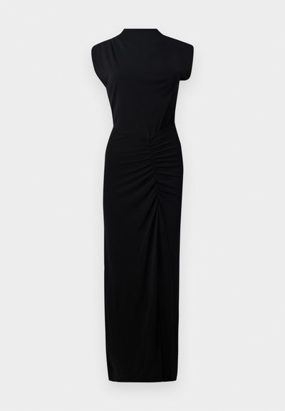 Μαύρο μακρύ φόρεμα με ψηλή λαιμόκοψη, αμάνικο σχέδιο, συγκεντρωμένες λεπτομέρειες στη μέση και απαλή, ελαστική ύφανση.