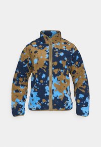 Fleece jack met ritssluiting aan de voorkant, hoge kraag en een abstracte spetterpatroon in bruin, marineblauw en blauw. Zachte textuur en comfortabele pasvorm.