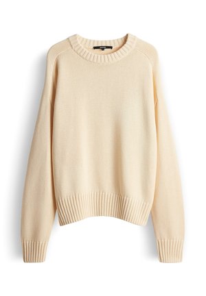 Maglione lavorato a maglia color beige chiaro con scollo rotondo, orlo e polsini a coste. Presenta un motivo a trama e spalle scese.