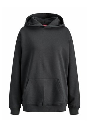 Sudadera con capucha de color gris oscuro, confeccionada en un tejido suave, con un bolsillo tipo canguro, puños acanalados y un diseño simple y aerodinámico.