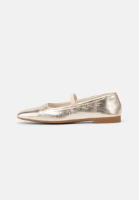 Gold metallic flats with a pointed toe, flat sole, and a thin strap across the instep. Smooth texture with a slight sheen.