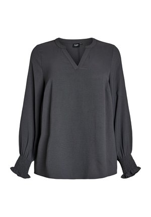 Mørkegrå langærmet bluse med V-hals, elastiske manchetter med rynkning og flæsekant på ærmerne.