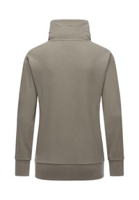 Light gray, soft fabric pullover with a high collar, long sleeves, and fitted cuffs. Simple, unadorned design with a relaxed fit.