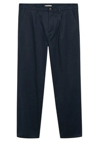 Pantalon bleu marine droit avec passants de ceinture, poches latérales et taille boutonnée avec fermeture éclair sur le devant.