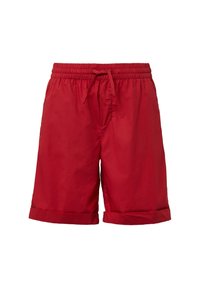 Rode shorts met een elastische tailleband en trekkoord, met een soepele textuur en opgerolde boorden. Geen zichtbare zakken of patronen.