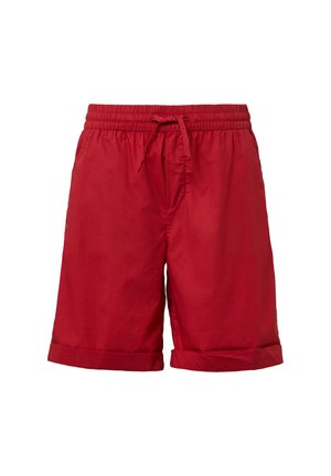 Red shorts with an elastic waistband and drawstring, featuring a smooth texture and rolled cuffs. No visible pockets or patterns.