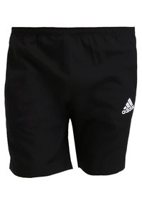 Shorts de sport noirs avec une taille élastique et un petit logo Adidas blanc en bas à droite à l'avant. Tissu lisse, design longueur genou.