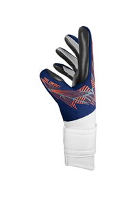 Torwarthandschuh mit einem navy- und weißen Design. Verfügt über strukturierte schwarze Latexfinger und ein elastisches Handgelenk für einen sicheren Sitz. Rote Akzente sind vorhanden.