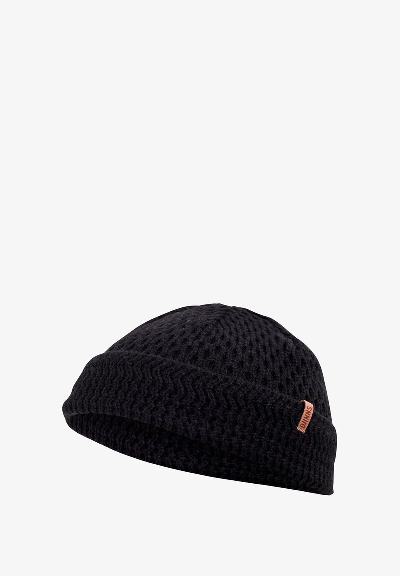 Black knitted beanie hat with a textured pattern, featuring a folded brim and a small branded leather tag on the side.