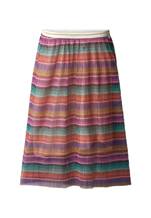Pleated skirt with multicolored horizontal stripes in shades of pink, purple, blue, and orange; elastic waistband with a white trim.