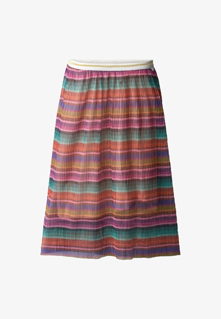 Pleated skirt with multicolored horizontal stripes in shades of pink, purple, blue, and orange; elastic waistband with a white trim.