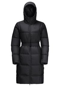 Zwarte pufferjas met capuchon, tailleband, ritssluiting en doorgestikte structuur. Het materiaal lijkt glad en geïsoleerd voor warmte.