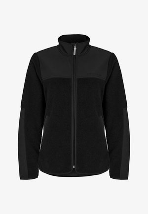 Chaqueta de polar negra con cierre frontal. Presenta un cuerpo texturizado y paneles suaves en contraste en los hombros y los laterales. Bolsillos con cremallera incluidos.