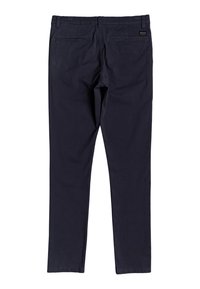 Mörk marinblå byxor med slim fit, som har två bakfickor och en ren midja. Materialet verkar slätt och hållbart.