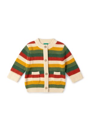 Gestrickter Kinder-Knopfcardigan mit horizontalen Streifen in Creme, Grün, Rot und Gelb, ausgestattet mit zwei Vorderentaschen und gerippten Bündchen.