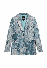 Blazer con motivo astratto blu e bianco, con rever a incavo, due tasche frontali e chiusura con un solo bottone. Foderato in turchese.