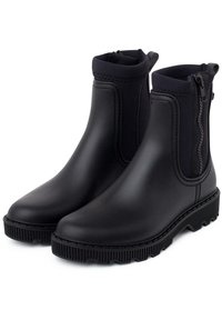 Botas de tobillo impermeables negras con un acabado suave y brillante, paneles laterales elásticos y una suela de goma texturizada para mayor agarre.