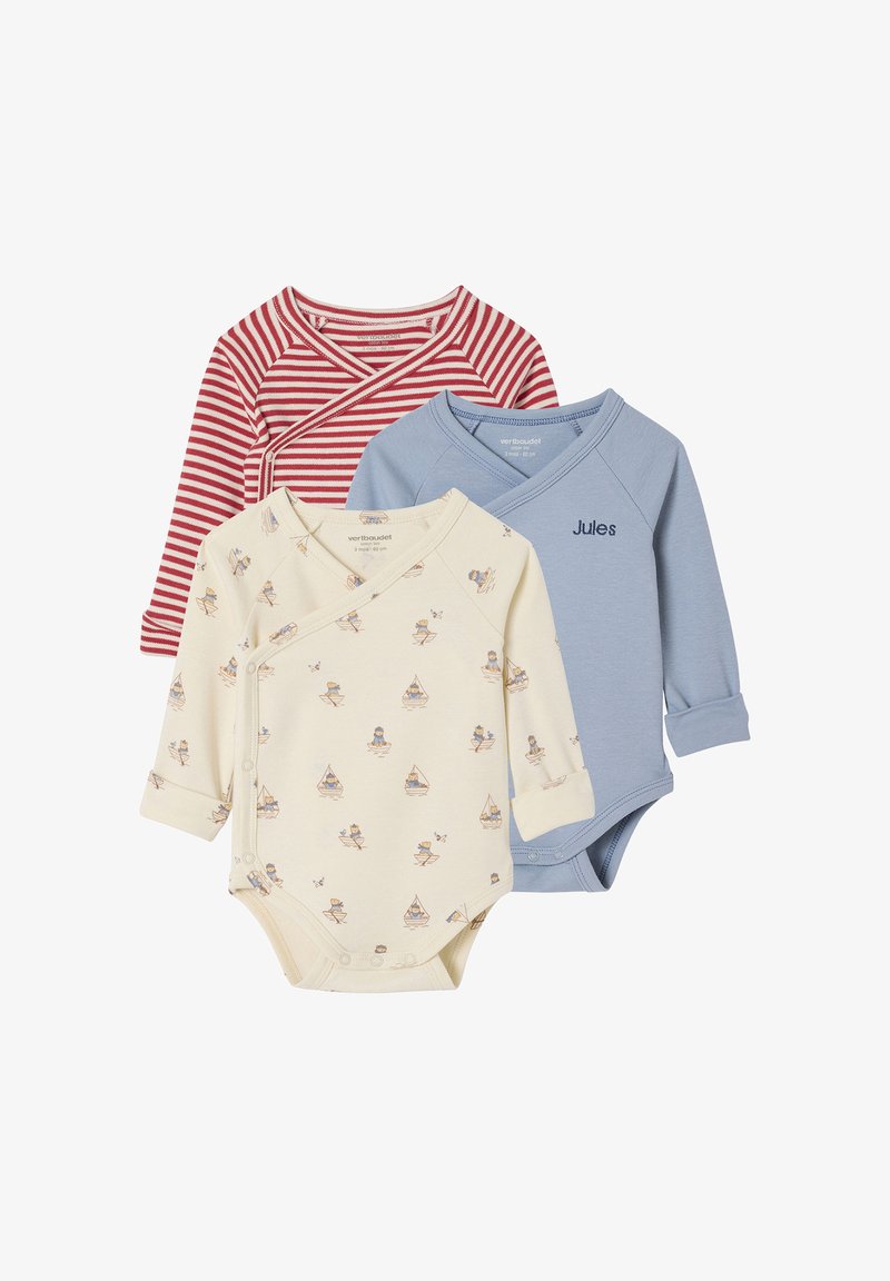 Three long-sleeve baby bodysuits: red striped, light blue with "Jules," and cream with a sailing-themed print. Soft cotton material.