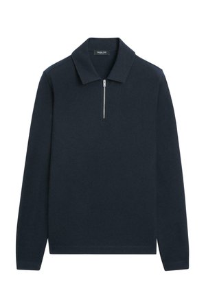 Polo a maniche lunghe blu navy con zip a un quarto, realizzata in un tessuto morbido, caratterizzata da un colletto classico e un design pulito.