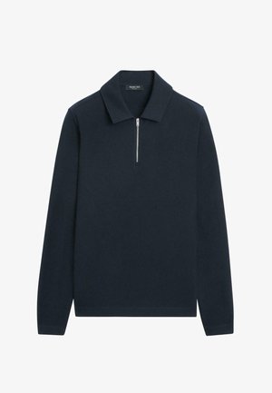 Polo a maniche lunghe blu navy con zip a un quarto, realizzata in un tessuto morbido, caratterizzata da un colletto classico e un design pulito.