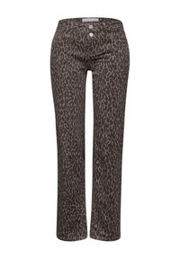 Suorat housut, joissa on ruskea ja musta leopardikuvio, edessä nappikiinnitys ja viiden taskun malli.