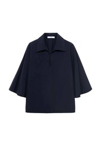 Námořnická modrá oversized blůza s špičatým límcem, krátkými křídly a předním zipem. Hladká tkanina s minimalistickým designem.