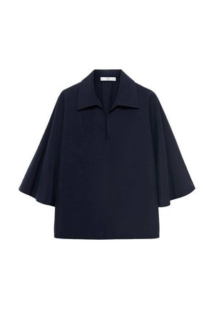 Námořnická modrá oversized blůza s špičatým límcem, krátkými křídly a předním zipem. Hladká tkanina s minimalistickým designem.