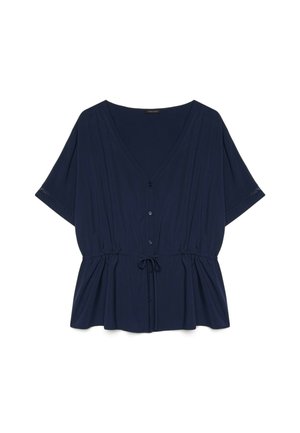 Granatowa bluzka z krótkim rękawem, dekoltem w serek, z przodu na guziki, ze ściągaczem w talii oraz luźnym, lekko rozkloszowanym krojem.