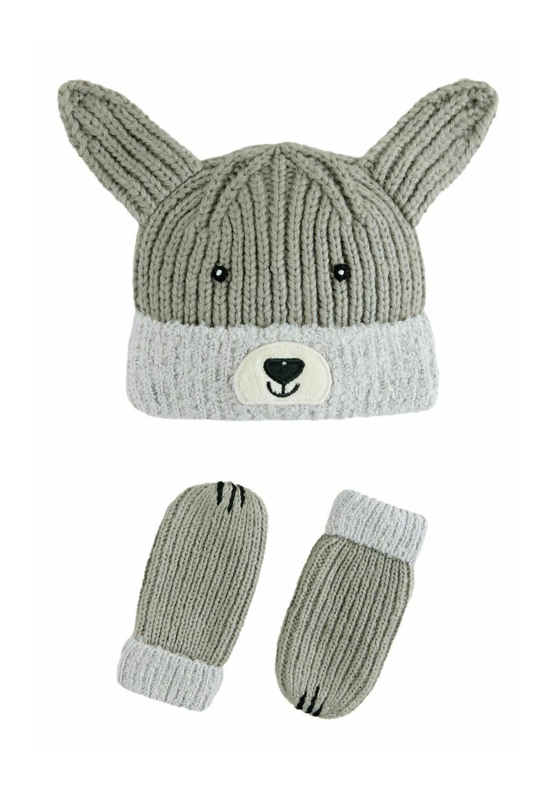 Gorro gris de punto con orejas y detalles de cara, combinado con manoplas a juego que tienen puños acanalados y acentos de costura precisos.