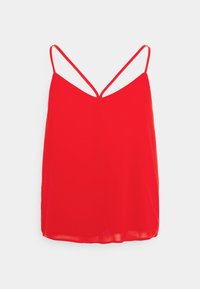 Débardeur rouge sans manches avec des bretelles fines, présentant un design en V et un tissu lisse et léger. Aucun motif ni ornement.