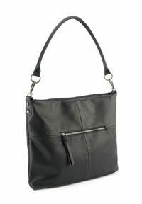 Borsa a mano in pelle nera con texture liscia, forma rettangolare, tracolla regolabile e una tasca frontale con zip e una linguetta discreta.