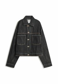 Schwarze Jeansjacke mit cropped Design, zwei vorderen Taschen und goldfarbenen Knöpfen. Verfügt über kontrastierende weiße Nähte entlang der Säume.